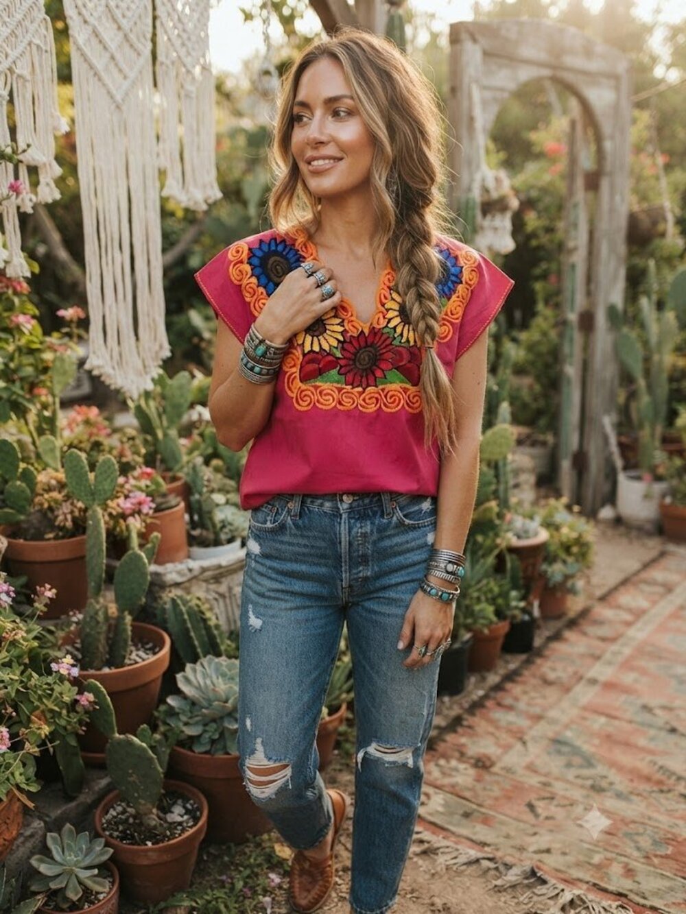 Embroidered Mexican Floral Tunic - Pink